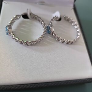 Sterling Silver genuine Blue/White Topaz Hoop Earrings